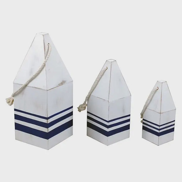 Nautical Wood Buoy White & Blue with Rope