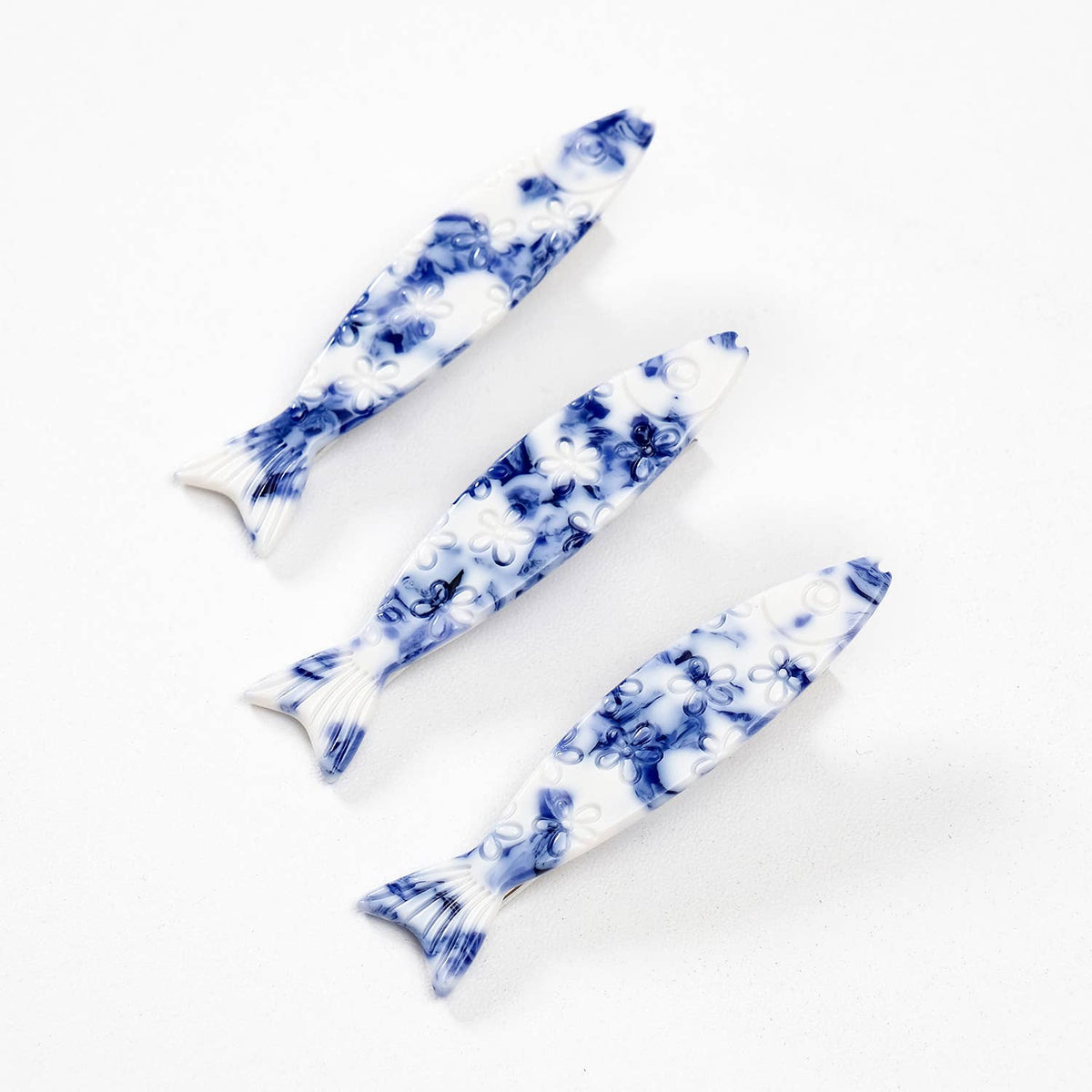 Coastal Blue Floral Sardine Fish Barrette Hair Clip - Small
