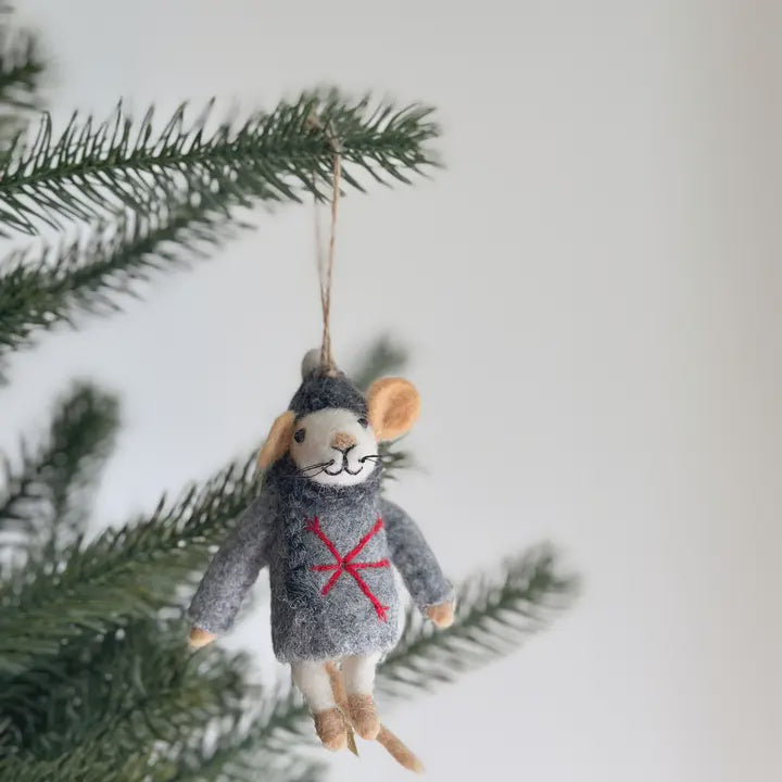 Felt Mouse in Sweater Ornament - Gray