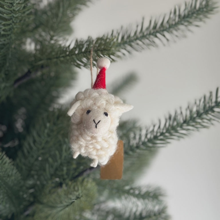 Felt Ornament - Fluffy Sheep Ornament with Christmas Hat - White