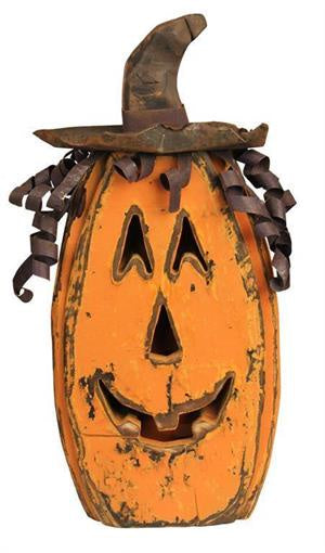 Wood Tin Cut face pumpkin w/witch hat