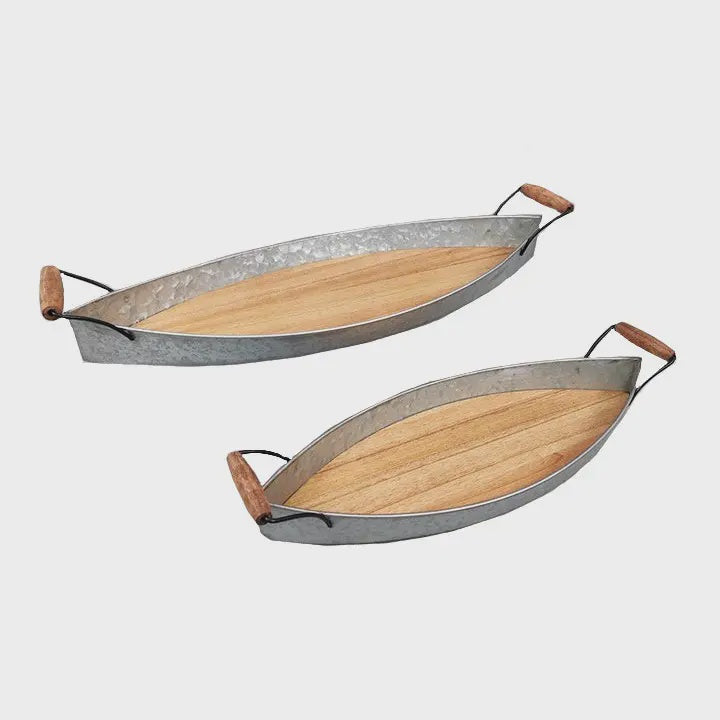 Metal Boat Shaped Tray with Wood Bottom