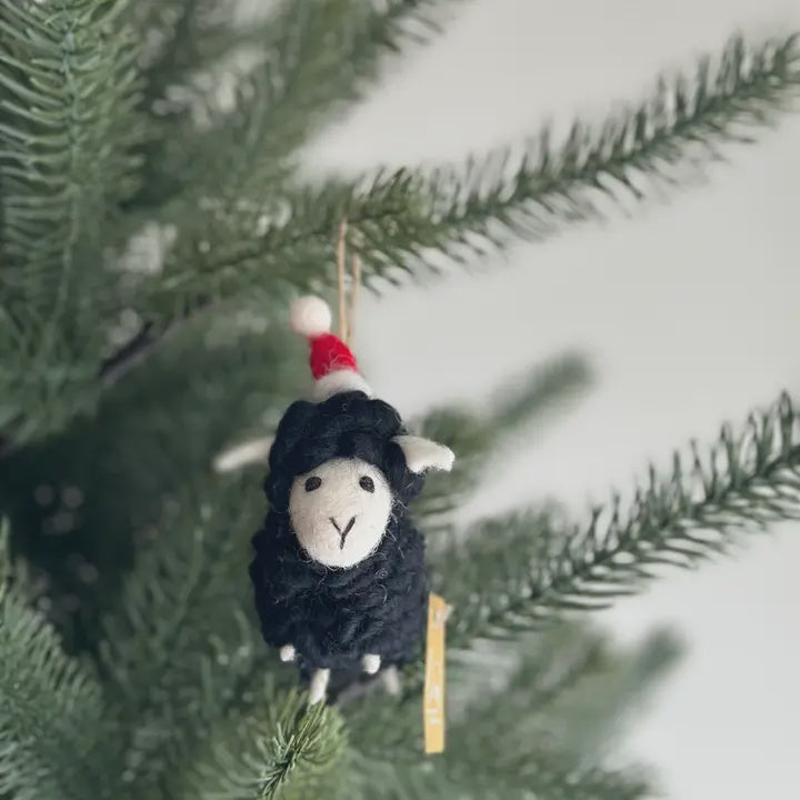 Felt Ornament - Fluffy Sheep Ornament with Christmas Hat - Black