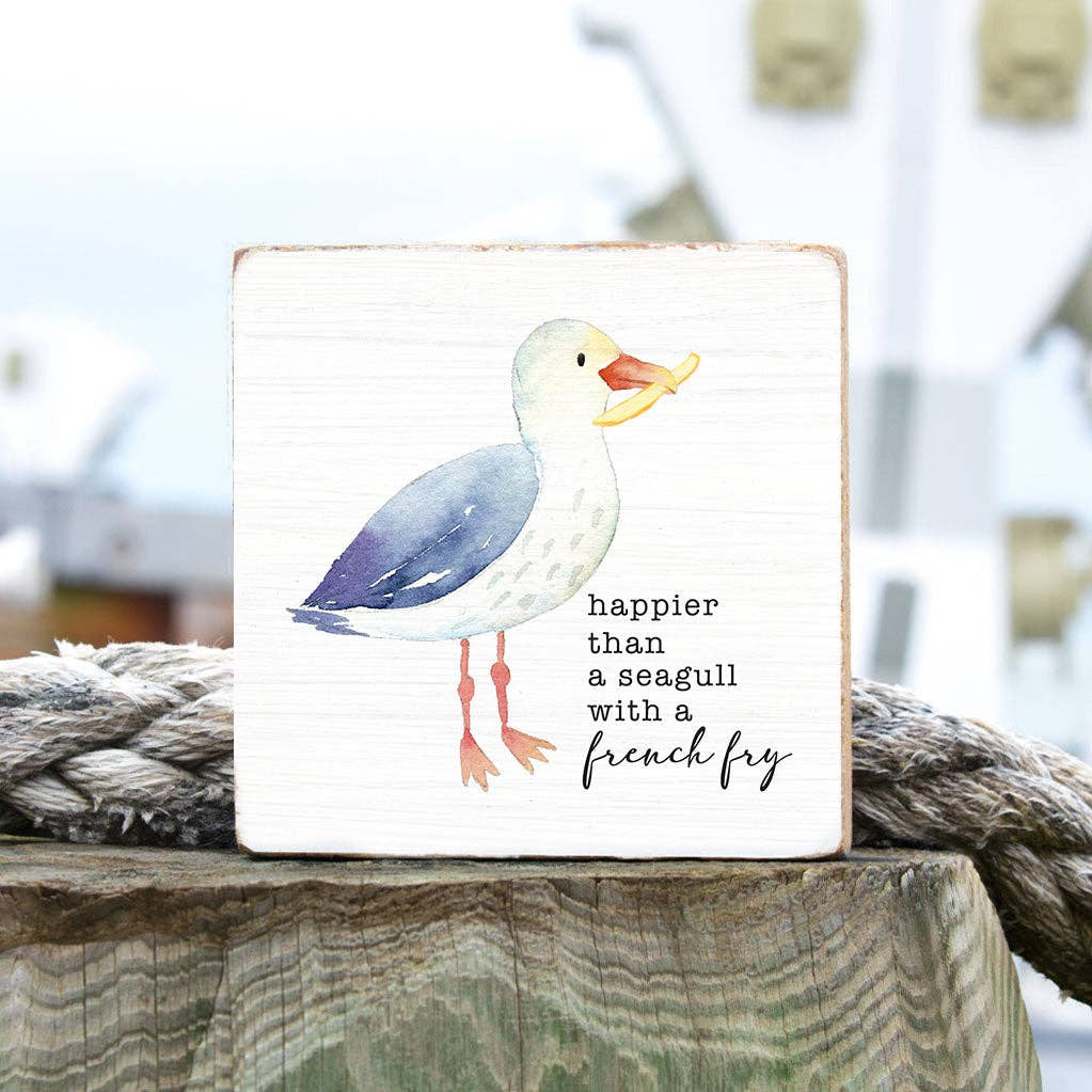Seagull With A French Fry Block Sign | Coastal Decor
