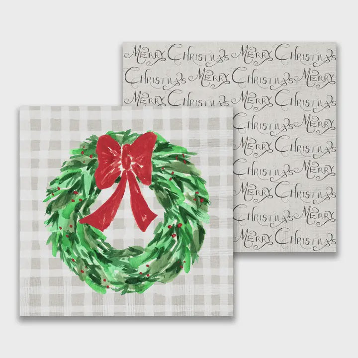 Christmas Wreath with Red Bow Cocktail Napkin