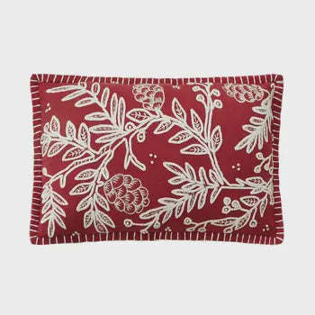 Red Folk Branch Embroidered Pillow
