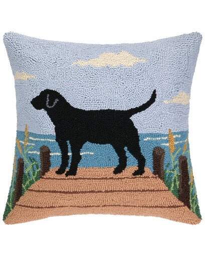 Black Lab on Dock Throw Pillow