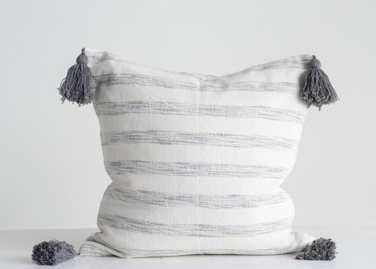 Grey & White Striped Pillow W/Tassels